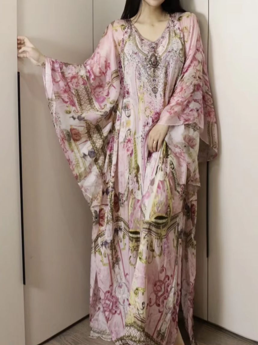 Women Pink Printed Maxi Dress  - Robe Silk Women ulasan dan harga